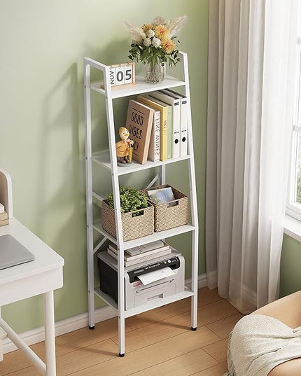 Hoctieon Ladder Shelf Bookcase, 4-Tier Ladder Bookshelf, Tall Bookshelf with Metal Frame, Industrial Bookshelf Ladder, for Living Room, Kitchen, Home Office, Bedroom, Simple Assembly, White - LeafyLoom