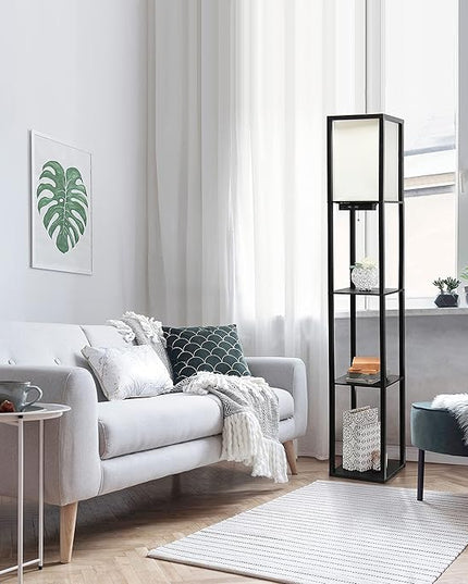 Simple Designs LF1037-BLK Floor Lamp Etagere Organizer Storage Shelf with 2 USB Charging Ports, 1 Charging Outlet and Linen Shade, Black - LeafyLoom