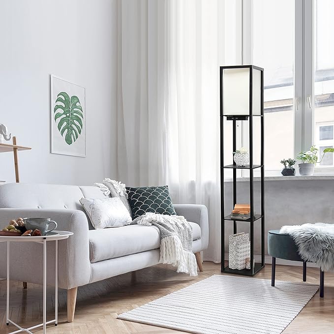 Simple Designs LF1037-BLK Floor Lamp Etagere Organizer Storage Shelf with 2 USB Charging Ports, 1 Charging Outlet and Linen Shade, Black - LeafyLoom