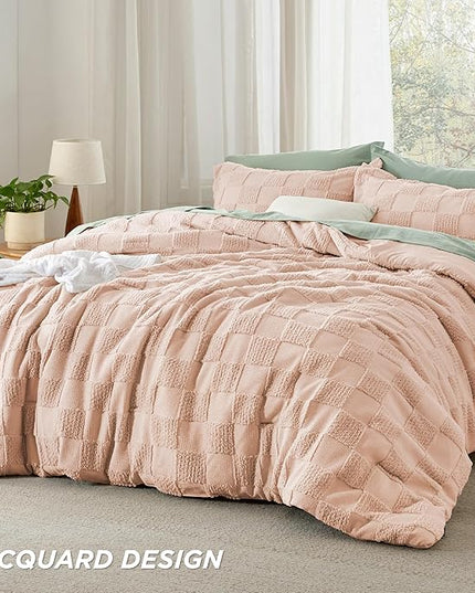 Bedsure Twin/Twin XL Comforter Set Beige, Boho Tufted Bedding Comforter Set, Checkered Farmhouse Shabby Chic Bed Set, 2 Pieces, 1 Plaid Geometric Comforter and 1 Pillow Sham - LeafyLoom