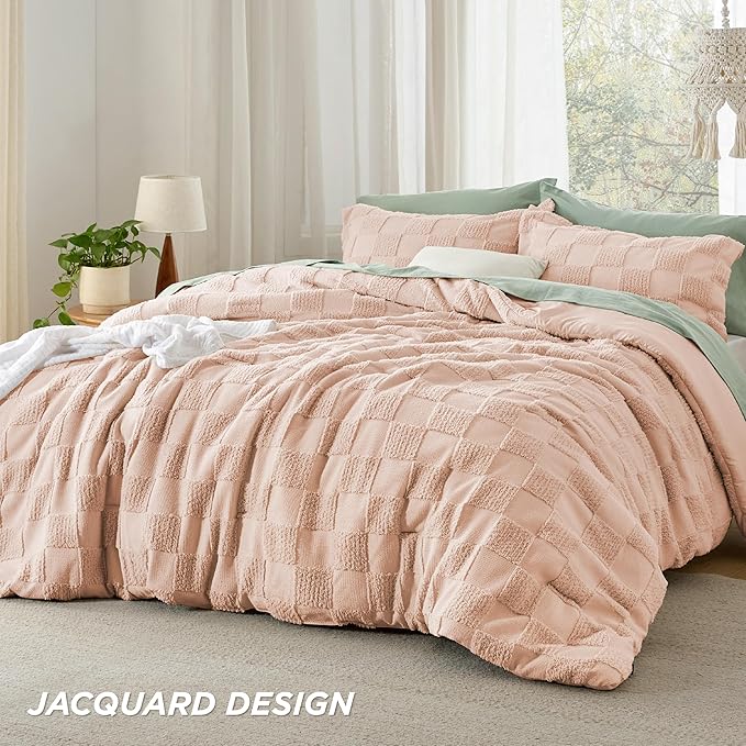 Bedsure Twin/Twin XL Comforter Set Beige, Boho Tufted Bedding Comforter Set, Checkered Farmhouse Shabby Chic Bed Set, 2 Pieces, 1 Plaid Geometric Comforter and 1 Pillow Sham - LeafyLoom