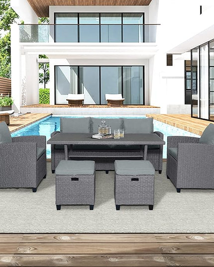 Outdoor Rattan Sectional Sofa with Dining Table, Chairs and Stools for Garden Backyard, 6-Piece Patio Furniture Set All-Weather Wicker Conversation Couch, Onesize, Gray - LeafyLoom