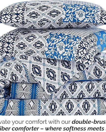 Southshore Fine Living, Inc. Twin Size Comforter Set with Pillow Sham, Reversible Global Patchwork Quilt is 2 Colors in 1 - Alternative Down Comforter Twin/Twin XL, Soft Microfiber, Blue & White - LeafyLoom