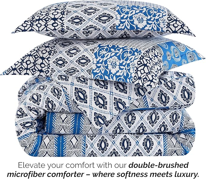 Southshore Fine Living, Inc. Twin Size Comforter Set with Pillow Sham, Reversible Global Patchwork Quilt is 2 Colors in 1 - Alternative Down Comforter Twin/Twin XL, Soft Microfiber, Blue & White - LeafyLoom