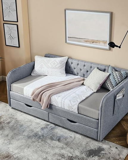Twin Size Upholstery Daybed with Trundle Bed and 2 Storage Drawers, Flat Arms w/Pocket, Linen Extendable Bedframe for Bedroom Living Room, No Box Spring Needed & Space-Saving Design, Grey - LeafyLoom