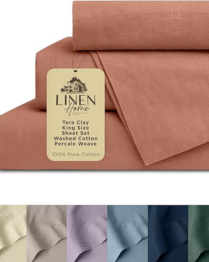 Linen Home Washed Cotton Percale King Sheet Set, Tera Clay, Deep Pocket, 4 Pieces Bed Sheets - 1 Flat Sheet, 1 Fitted Sheet & 2 Envelope Closure Pillowcases, Cool and Comfortable Bed Linen - LeafyLoom