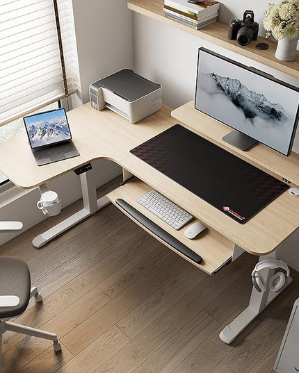 EUREKA ERGONOMIC Standing Desk Adjustable Height 61" Electric Sit Stand Computer Desk L Shaped with Keyboard Tray,Monitor Stand &LED, Dual Motor Memory Presets Sit to Desk Adjustable Desk, Left/Maple - LeafyLoom