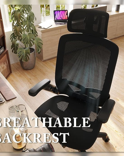 GABRYLLY Ergonomic Office Mesh Chair, High-Back Desk Chair with Sliding Seat, Adjustable Flip-up Armrest & 2D Headrest, 4-Gear Tilt Function, Swivel Computer Gaming Chair for Man Woman - LeafyLoom
