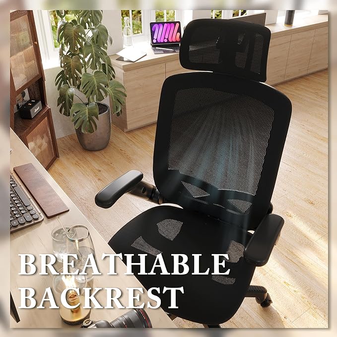 GABRYLLY Ergonomic Office Mesh Chair, High-Back Desk Chair with Sliding Seat, Adjustable Flip-up Armrest & 2D Headrest, 4-Gear Tilt Function, Swivel Computer Gaming Chair for Man Woman - LeafyLoom