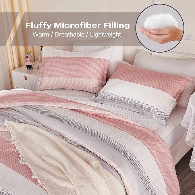 Litanika Pink King Size Comforter Set, 3 Pieces Blush White Colorblock Lightweight Bedding Comforter Set - LeafyLoom