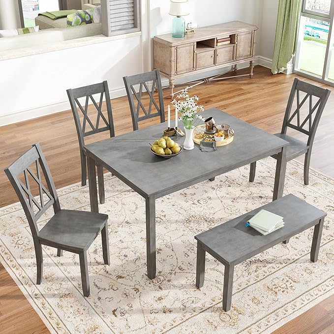 6-Piece Wood Rectangle Dining Table Set with Bench and 4 Cross Back Chairs for Kitchen Living Room, Farmhouse Rustic, Antique Graywash, 54" L x 36" W x 30" H - LeafyLoom