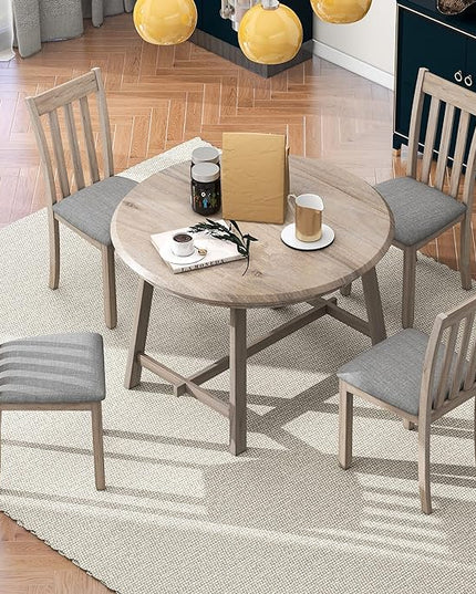RITSU Modern 5 Piece Round Retractable Table Set with 4 Linen Upholstered Dining Chairs, Smooth Surface, Easy to Assemble and Clean, Suitable for Kitchen, Living Room, Natural Wood Wash, 56.6inch - LeafyLoom