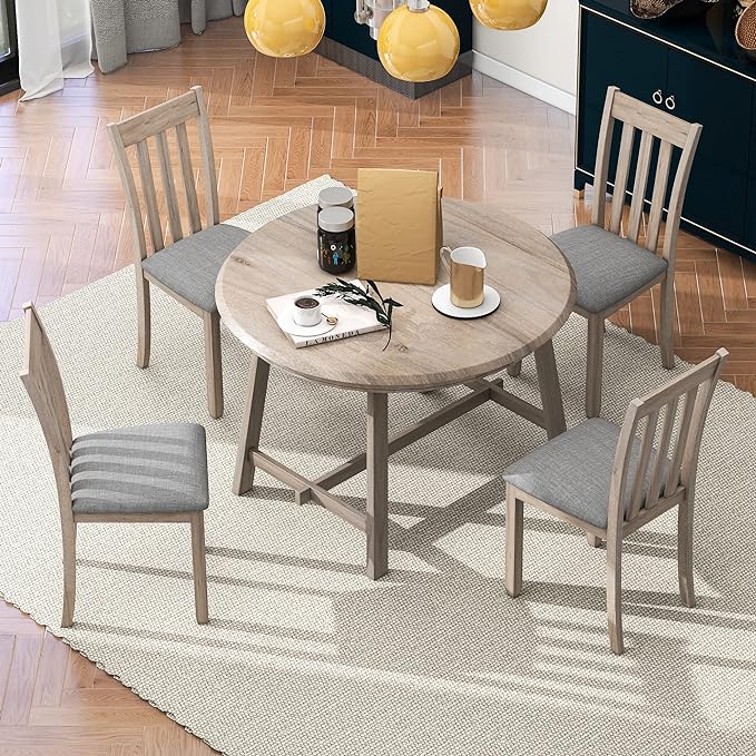 RITSU Modern 5 Piece Round Retractable Table Set with 4 Linen Upholstered Dining Chairs, Smooth Surface, Easy to Assemble and Clean, Suitable for Kitchen, Living Room, Natural Wood Wash, 56.6inch - LeafyLoom