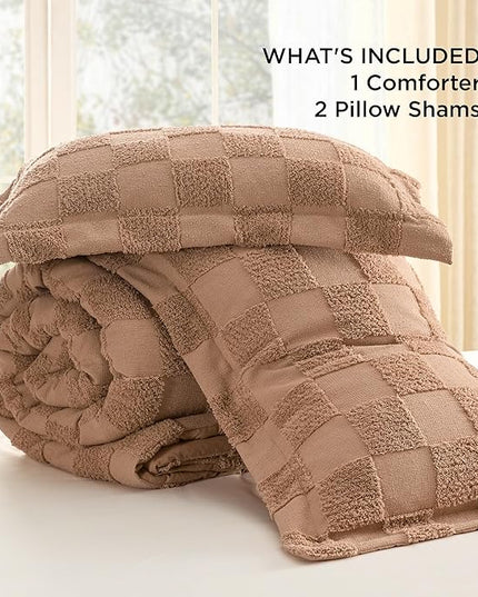 Bedsure Queen Size Comforter Set Taupe, Boho Tufted Bedding Comforter Set, Checkered Farmhouse Shabby Chic Bed Set, 3 Pieces, 1 Plaid Geometric Comforter and 2 Pillow Shams - LeafyLoom