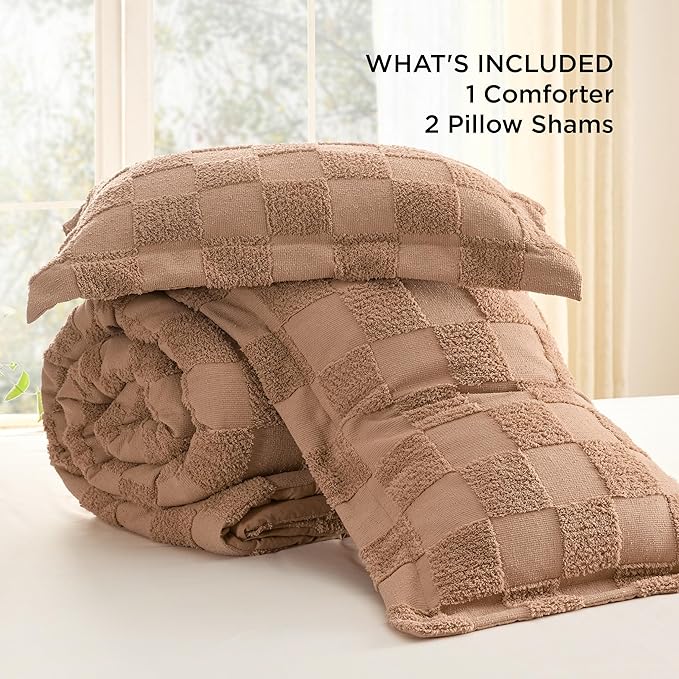 Bedsure Queen Size Comforter Set Taupe, Boho Tufted Bedding Comforter Set, Checkered Farmhouse Shabby Chic Bed Set, 3 Pieces, 1 Plaid Geometric Comforter and 2 Pillow Shams - LeafyLoom