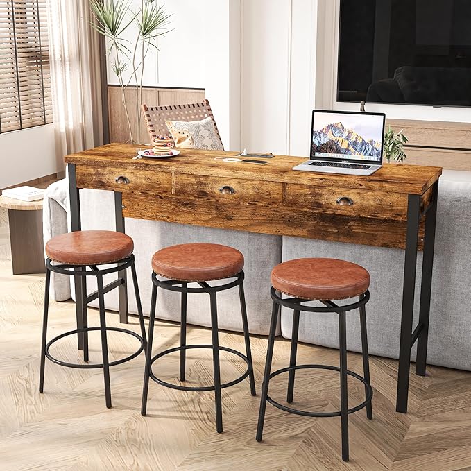 NicBex Modern Dining Table Counter Height Dining Table Set 3-Drawer Long Dining Table Set, Bar Kitchen Table Set with Circular Pu Stools for Dining Room, Living Room, Easy Assemble, Brown - LeafyLoom