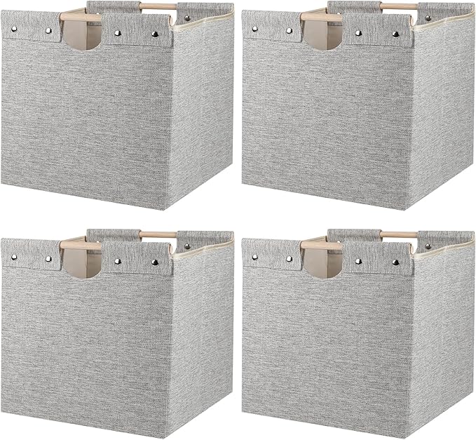13x13x13 Inches Collapsible Storage Cubes, 4 Pack Fabric Bins with Wooden Handles for Kallax Shelves, Closet, Cabinet, Bookcase, Home Organizer Boxes for Decor and Laundry (Beige) - LeafyLoom