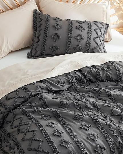 Bedsure Tufted Boho Comforter Set Queen - Dark Grey Boho Bedding Comforter Set, 3 Pieces Farmhouse Shabby Chic Embroidery Bed Set, Soft Jacquard Comforter for Women Men Girls - LeafyLoom