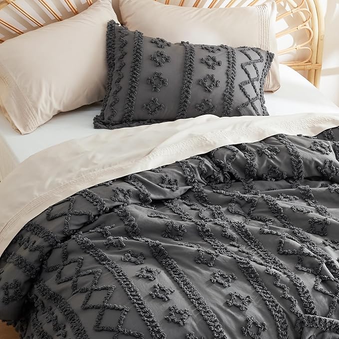 Bedsure Tufted Boho Comforter Set Queen - Dark Grey Boho Bedding Comforter Set, 3 Pieces Farmhouse Shabby Chic Embroidery Bed Set, Soft Jacquard Comforter for Women Men Girls - LeafyLoom