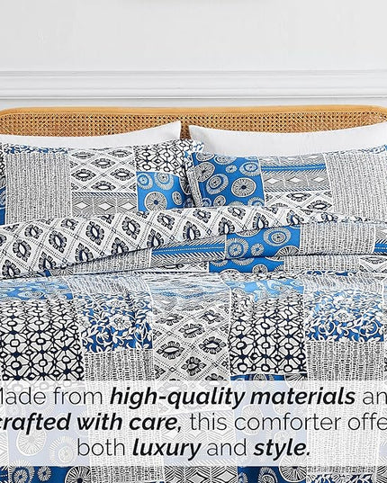 Southshore Fine Living, Inc. Twin Size Comforter Set with Pillow Sham, Reversible Global Patchwork Quilt is 2 Colors in 1 - Alternative Down Comforter Twin/Twin XL, Soft Microfiber, Blue & White - LeafyLoom