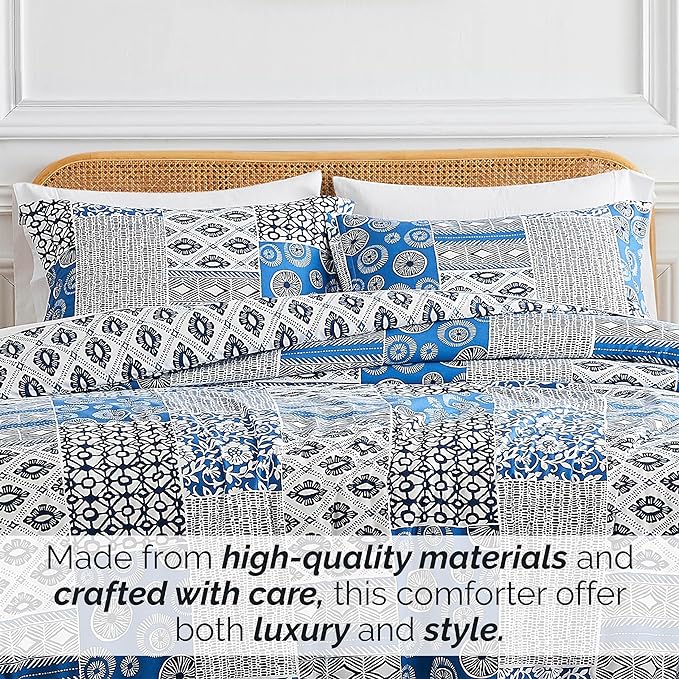 Southshore Fine Living, Inc. King Size Comforter Set with 2 Pillow Shams, Reversible Global Patchwork Quilt is 2 Colors in 1 - Alternative Down Comforter King/Cal King, Ultra Soft, Blue & White - LeafyLoom