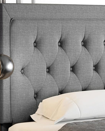 Allewie Queen Size Bed Frame Upholstered Platform Bed with Adjustable Headboard, Button Tufted, Wood Slat Support, Easy Assembly, Light Grey - LeafyLoom
