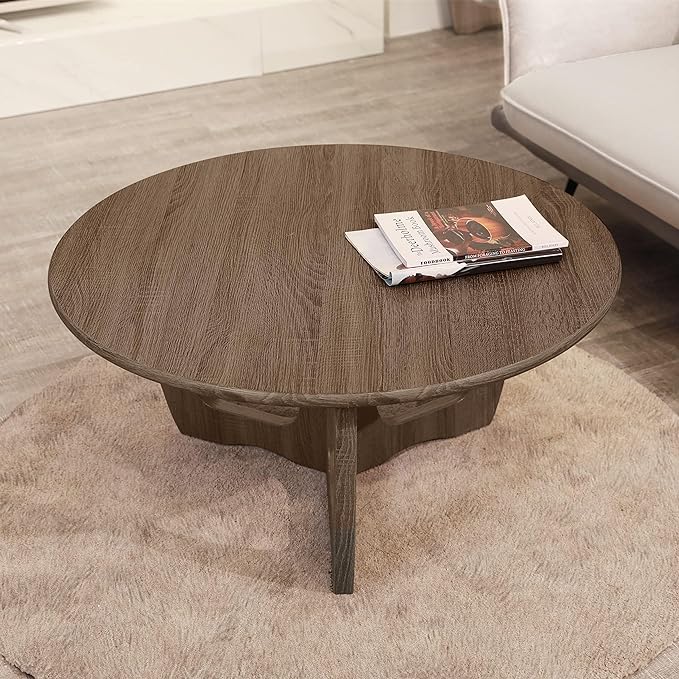 FINECASA Wooden Round Coffee Table Curved Leg, Accent Couch,Home Decoration, Living Room Tables, 36 x 18 Inches, Chestnut Color - LeafyLoom