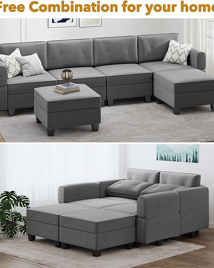 Modular Sectional Sofa, Convertible Sectional Couches for Living Room L Shaped Sofa Couch with Storage Ottoman, High Supportive 6 Seats Reversible Sectionals 113'' with Chaise, Dark Grey - LeafyLoom