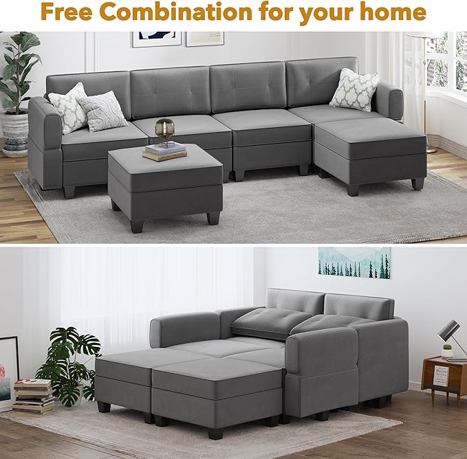 Modular Sectional Sofa, Convertible Sectional Couches for Living Room L Shaped Sofa Couch with Storage Ottoman, High Supportive 6 Seats Reversible Sectionals 113'' with Chaise, Dark Grey - LeafyLoom