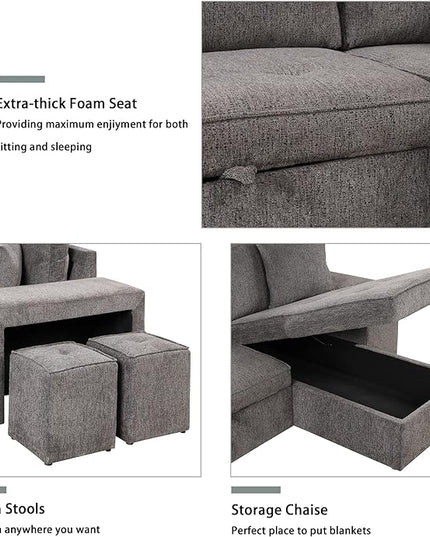 L Shaped Reversible Sleeper Sectional Sofa Pull Out Couch Bed with Storage Chaise Lounge and 2 Stools, Button Tufted Chenille Upholstered Convertible Pullout Sofabed for Living Room Office - LeafyLoom