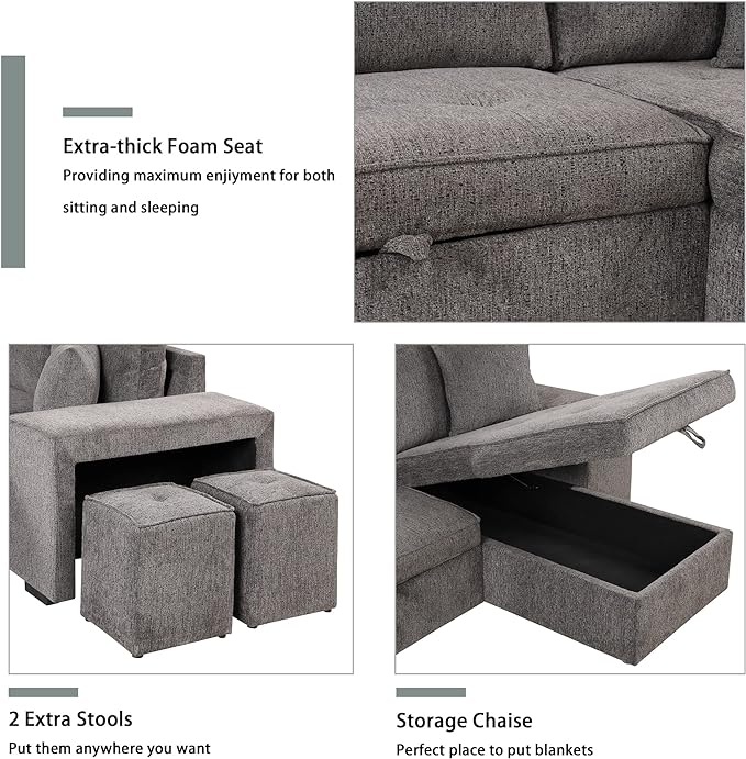 L Shaped Reversible Sleeper Sectional Sofa Pull Out Couch Bed with Storage Chaise Lounge and 2 Stools, Button Tufted Chenille Upholstered Convertible Pullout Sofabed for Living Room Office - LeafyLoom