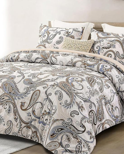 Whale Flotilla Queen Full Comforter Set, Soft Reversible Beige Bedding Comforter Set with Pailsey Pattern, 1 Micoriber Printed Comforter and 2 Pillow Shams, 3 Pieces - LeafyLoom