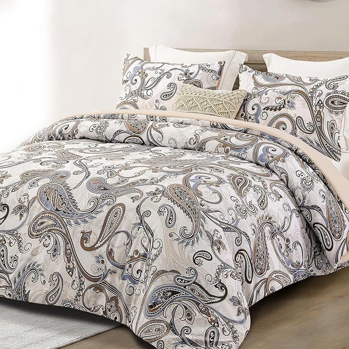 Whale Flotilla Queen Full Comforter Set, Soft Reversible Beige Bedding Comforter Set with Pailsey Pattern, 1 Micoriber Printed Comforter and 2 Pillow Shams, 3 Pieces - LeafyLoom