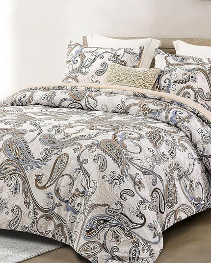 Whale Flotilla King Comforter Set, Soft Reversible Beige Bedding Comforter Set with Pailsey Pattern, 1 Micoriber Printed Comforter and 2 Pillow Shams, 3 Pieces - LeafyLoom