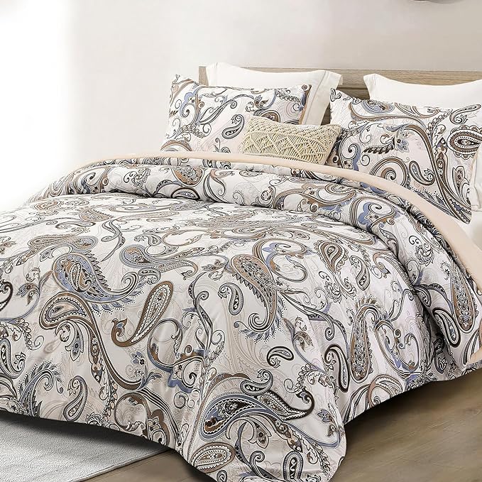 Whale Flotilla King Comforter Set, Soft Reversible Beige Bedding Comforter Set with Pailsey Pattern, 1 Micoriber Printed Comforter and 2 Pillow Shams, 3 Pieces - LeafyLoom