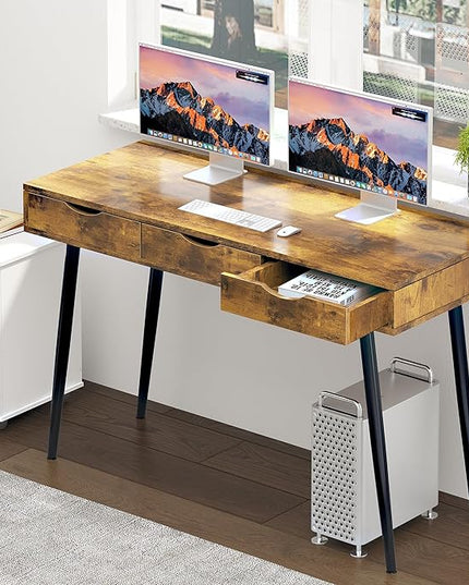 SogesHome 43.3'' Computer Desk, Home Office Work Table with 3-Drawers, Gaming Working Writing Table, Vintage Brown - LeafyLoom