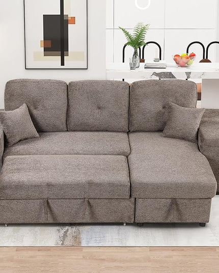 95" L-Shaped Sectional Sleeper Sofa with Storage Chaise &Pull-Out Bed, Velvet Upholstered Reversible Corner Couch w/ 2 Stools, for Living Room, Apartment, 95 Inch, Knox Charcoal - LeafyLoom