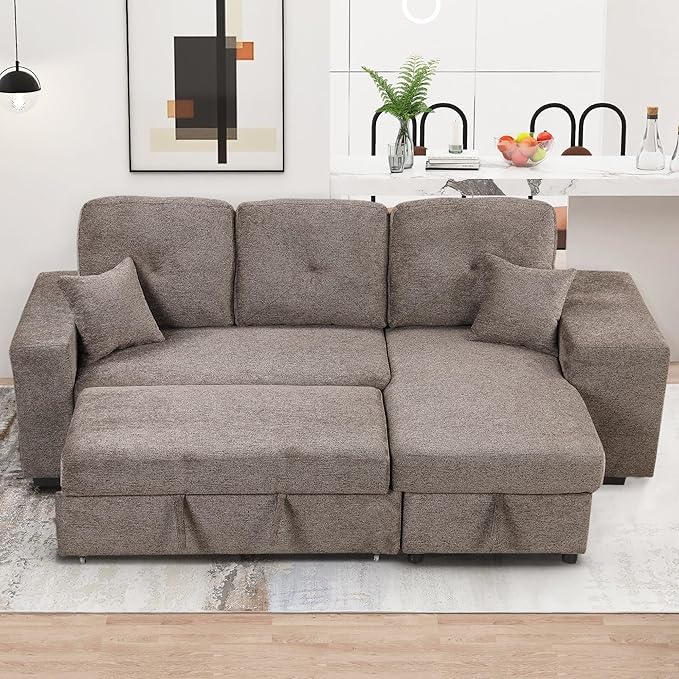 95" L-Shaped Sectional Sleeper Sofa with Storage Chaise &Pull-Out Bed, Velvet Upholstered Reversible Corner Couch w/ 2 Stools, for Living Room, Apartment, 95 Inch, Knox Charcoal - LeafyLoom