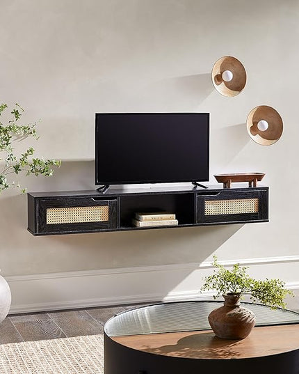 Walker Edison Modern Rattan Flip-Down-Door Wall-Mounted Floating Stand for TVs up to 65 Inche, 58 Inch, Black - LeafyLoom