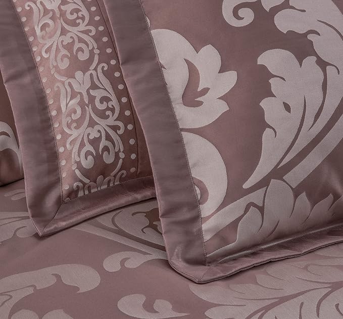 Chezmoi Collection 7-Piece Jacquard Floral Comforter Set (King, Woodrose/Gray) - LeafyLoom