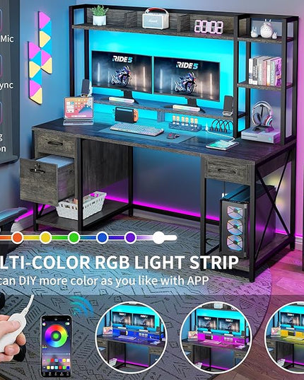 DWVO Computer Desk with Drawers & Hutch, 59.1" Office Desk with Power Outlets & LED Lights, Home Office Desk with Storage Shelves, Grey - LeafyLoom