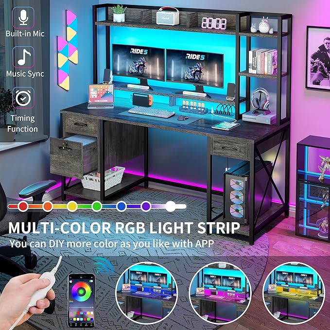 DWVO Computer Desk with Drawers & Hutch, 59.1" Office Desk with Power Outlets & LED Lights, Home Office Desk with Storage Shelves, Grey - LeafyLoom