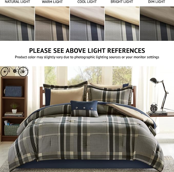 Intelligent Design Robbie Cozy Comforter Set Bed in A Bag, Modern Casual All Season Bedding Set, Matching Sham, Decorative Pillow, Navy/Tan, Twin, 7 Piece - LeafyLoom