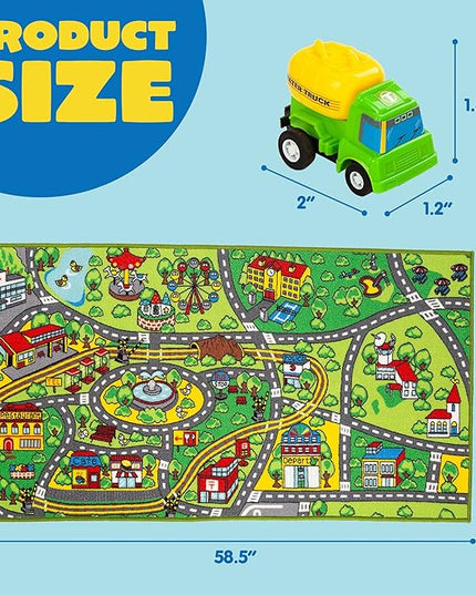 JOYIN Carpet Playmat w/ 12 Cars Pull-Back Vehicle Set for Kids Age 3+, Jumbo Play Room Rug, City Pretend Play - LeafyLoom