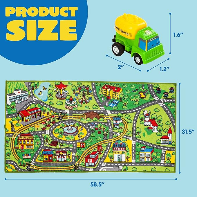 JOYIN Carpet Playmat w/ 12 Cars Pull-Back Vehicle Set for Kids Age 3+, Jumbo Play Room Rug, City Pretend Play - LeafyLoom