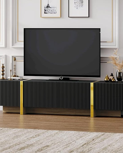 Merax Luxury Fluted TV Stand for Televisions Up to 80'', Modern Entertainment Center with Storage Cabinets & Drawers and Golden Wood Grain Legs, Smooth Media Console, for Living Room, Black - LeafyLoom