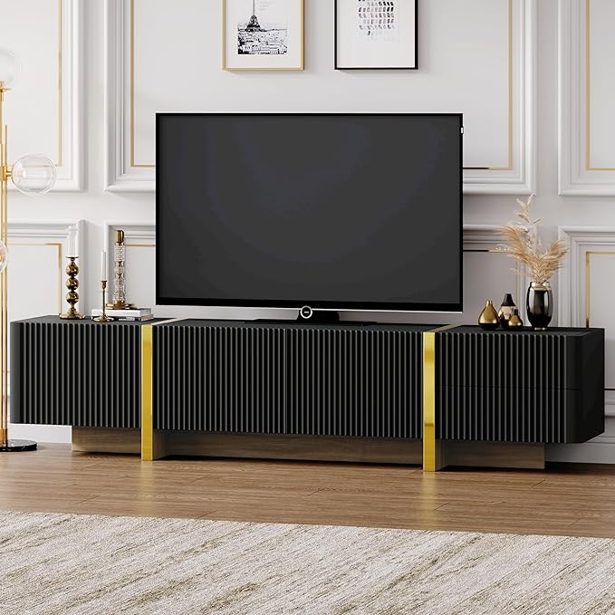 Merax Luxury Fluted TV Stand for Televisions Up to 80'', Modern Entertainment Center with Storage Cabinets & Drawers and Golden Wood Grain Legs, Smooth Media Console, for Living Room, Black - LeafyLoom