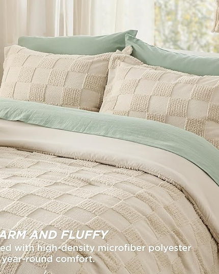 Bedsure Queen Size Comforter Set Beige, Boho Tufted Bedding Comforter Set, Checkered Farmhouse Shabby Chic Bed Set, 3 Pieces, 1 Plaid Geometric Comforter and 2 Pillow Shams - LeafyLoom