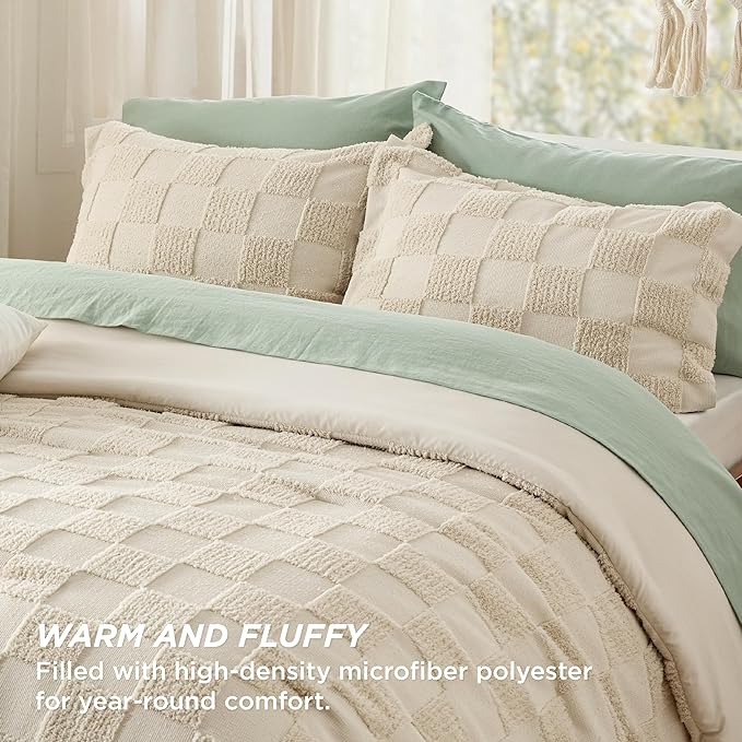 Bedsure Queen Size Comforter Set Beige, Boho Tufted Bedding Comforter Set, Checkered Farmhouse Shabby Chic Bed Set, 3 Pieces, 1 Plaid Geometric Comforter and 2 Pillow Shams - LeafyLoom