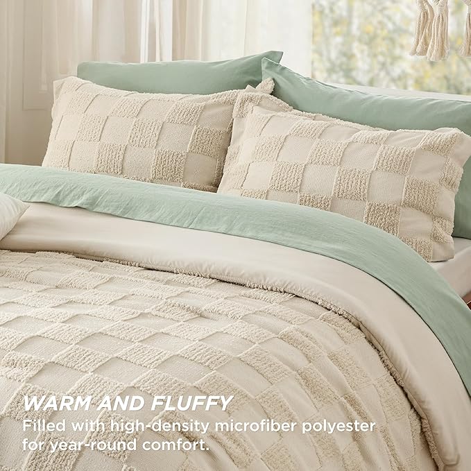 Bedsure Full Size Comforter Set Beige, Boho Tufted Bedding Comforter Set, Checkered Farmhouse Shabby Chic Bed Set, 3 Pieces, 1 Plaid Geometric Comforter and 2 Pillow Shams - LeafyLoom